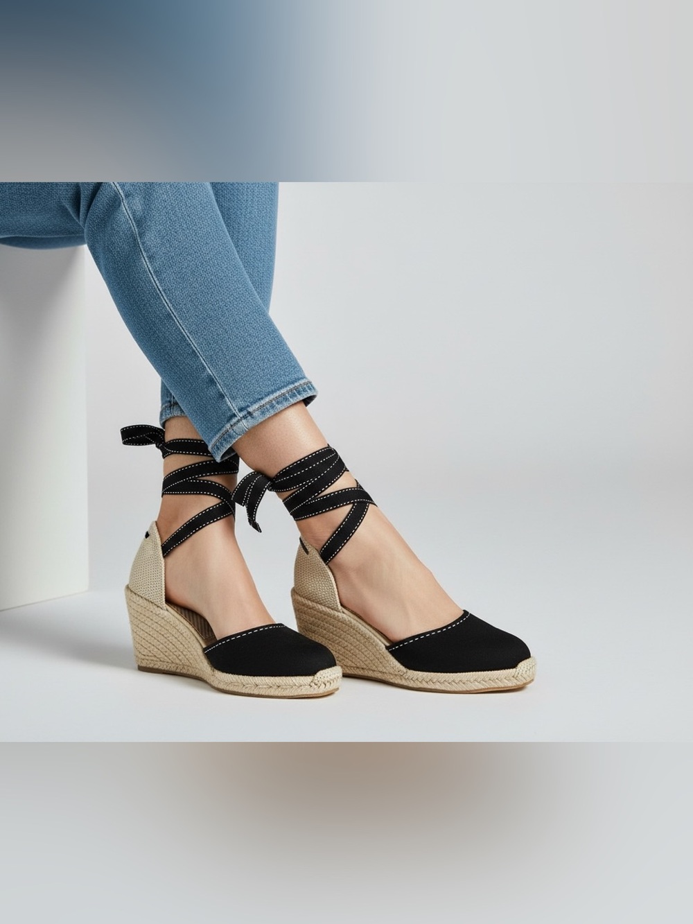 Tommy Hilfiger Black Canvas Ankle Tie Espadrille Wedge Sandals Size 6M